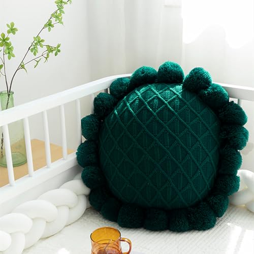 Acrylic Knitted Round Throw Pillow Knitting Bohemian Circular Cushion Pillow with Knit Handmade Pompoms Decorative Dark Green, Diameter 18inches - color: Dark Green