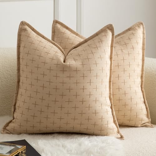 MANDIOO Pack of 2 Burlap Linen Throw Pillow Covers Woven Textured Modern Farmhouse Cushion Covers Pillowcase Decorative Couch Sofa Bed Living Room 16 x 16 Inch Beige - color: Beige, size: 16" x 16" (Pack of 2)