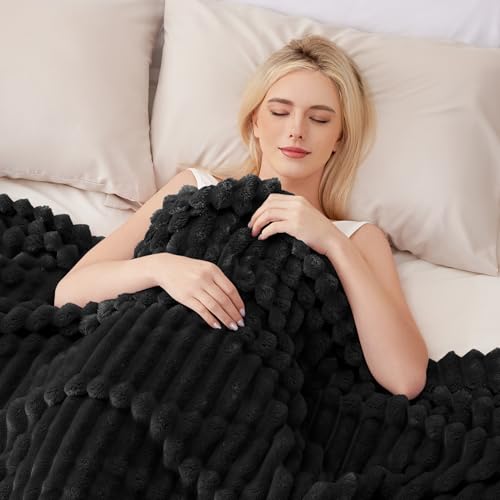EXQ Home King Size Blanket for Bed or Couch - 3D Stripe Jacquard Decorative Fleece Blankets - Cozy Soft Lightweight Fuzzy Flannel Blanket Suitable for All Seasons(90"×108",Black) - color: Black, size: King