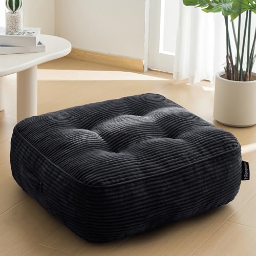 HIGOGOGO 8" Extra Thick Floor Pillow Cushion for Adults, Meditation Cushion Pillow, Large Square Floor Sitting, Tufted Corduroy Cover, for Tatami Living Room or Yoga, 22x22 Inch, Black - color: Square Black, size: 8" Thick(Pack of 1)