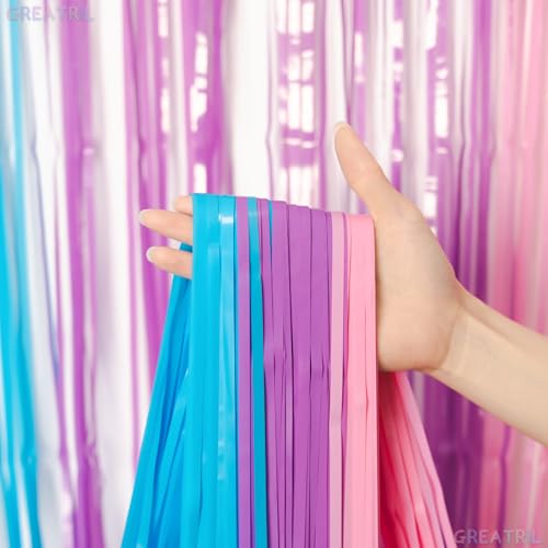Blue Purple Pink Tinsel Backdrop - GREATRIL Pastel Foil Fringe Curtain Streamers for Pony Theme Birthday Mermaid Shower Unicorn Girls Party Decorations 2 Packs - color: Blue Purple Pink