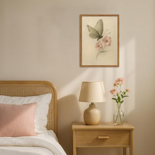 Framed Vintage Wall Art, Butterfly and Pink Floral Pictures Wall Decor, Retro Flower Moth Painting Canvas Prints Cottagecore Home Decor Aesthetic for Living Room Bedroom Bathroom 16x24 inch - color: Butterfly Pink Floral, size: 24"L x 16"W