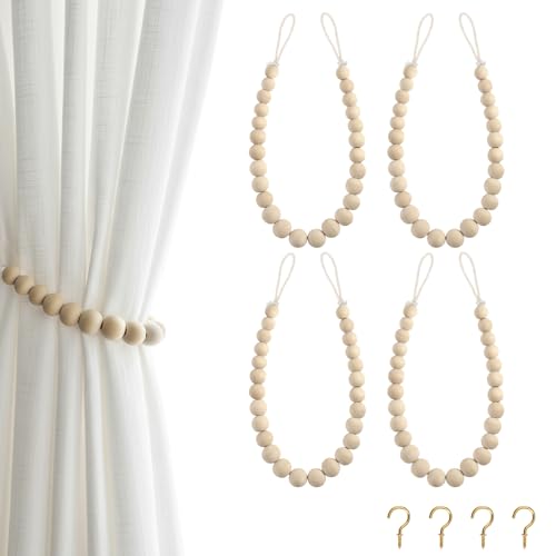 Hion 4 Pcs Boho Curtain Tiebacks,Wood Beads Curtain Holdbacks,Outdoor Farmhouse Tie Backs for Curtains,Curtain Holders for Drapes Home Office Room Decor with Hooks No Drilling(Wood Color) - color: Wood Color, size: 4 Pack