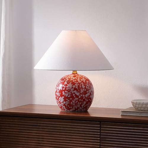 JONATHAN Y 17.25" Red/White Modern Cottage Floral Ceramic Globe Table Lamp for Bedroom, White Linen Shade, LED Bulb Included, French Country Home Decor (JYL5508B) - color: Red/White