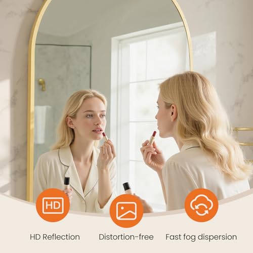 NEWBULIG 22X30 Inch Arched Bathroom Mirror for Wall, Vanity Bathroom Mirrors for Over Sink Tempered Glass, Anti-Rust Arched Metal Framed, Hangs Horizontally or Vertically, Farmhouse Home Decor, Gold - color: Gold-arched, size: 30"L x 22"W