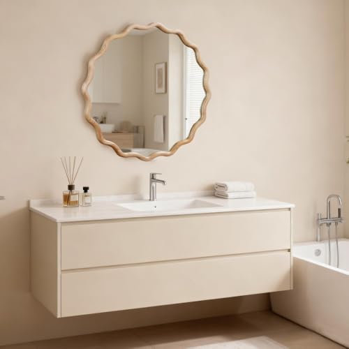 30" Wavy Round Wall Mirror with Solid Wood Frame, Country Irregular Decorative Mirror for Bathroom, Bedroom, Living Room & Entryway, HD Tempered Glass, No Distortion Vanity Mirror (Natural, 30") - color: Natural, size: 30"L x 30"W