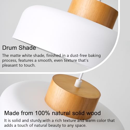 Modern Pendant Light with Real Wood Cap - 12.6” White Hanging Light Fixture for Kitchen Island, Dining Room Table - Adjustable Height Ceiling Light with E26 Socket - Scandinavian Style - color: White, size: 12.6 inches