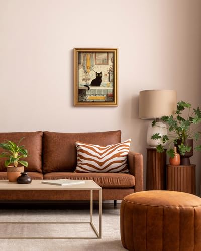 HUARCEY Gold Framed Canvas Wall Art, Bathroom Cat Vintage Decor, Bathroom Shelf Vintage Decor Aesthetic, Retro Decoration for Bathrooms Bedroom Living Room, 12x16Inch - color: Bathroom Cat, size: 16"L x 12"W