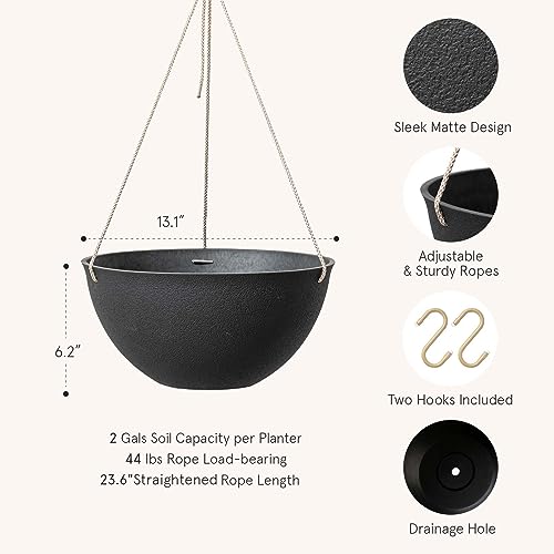 LA JOLIE MUSE Hanging Planters for Outdoor Plants, Large Hanging Planter with Drain Holes, Black Hanging Flower Pots (13.2 Inch, Set of 2) - color: Black