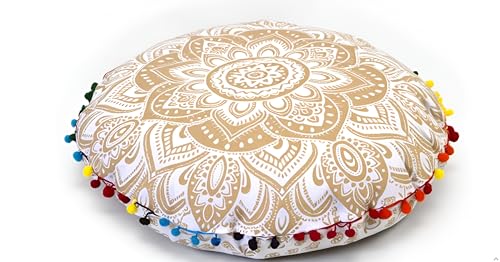 Round Mandala Floor Pillow Cover Seating Cushion Throw Cover Hippie Decorative Bohemian Ottoman Pouf Cover, Pom Pom Pillow Cases,Boho Indian 22 Inches (Gold) - color: Gold