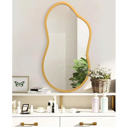 AAZZKANG Large Wall Mirror with Wood Framed 26"x16" Gold Irregular Hanging Mirrors Asymmetrical for Bathroom Bedroom Living Room Entryway - color: Gold, size: 26"L x 16"W