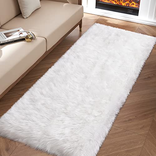 White Fluffy Rug for Bedroom, 2'X6' Faux Fur Rug for Runner, Soft Shag Rug for Sofa Couch Cushion, Cozy Shaggy Fuzzy Plush Floor Carpet for Nursery, Cute Bedside Dorm Home Decor Rectangle - color: White, size: 6' x 2' (Rectangular)