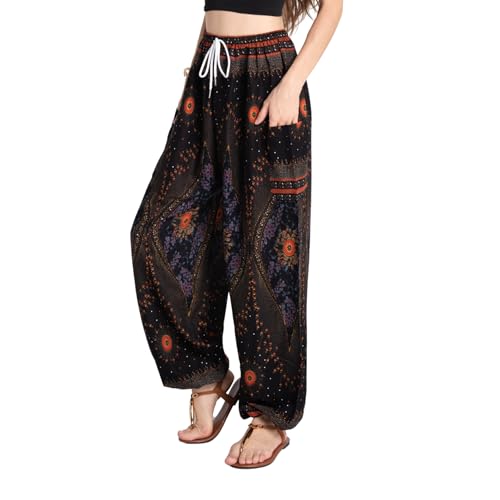 Tranquil Threads Women's Harem Pants with Pockets and Drawstring, Hippie Boho Yoga Clothes - color: Black Feather, size: X-Small