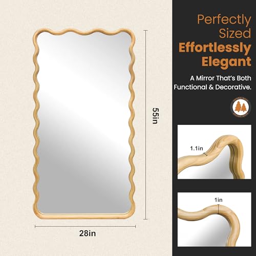 TRAHOME Wavy Mirror for Wall, 55"x28" Boho Wavy Wood Mirror Large Full Length Decorative Mirror with Tempered Glass, Natural Wooden Frame Vanity Mirror for Bedroom, Living Room, Entryway - color: Natural a, size: 55"L x 28"W