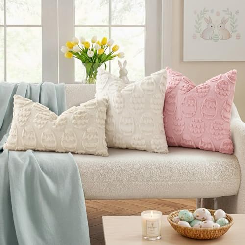 decorUhome Easter Cream White Egg Pillow Covers 16x16 Inch Set of 2, Soft Plush Faux Wool Jacquard Cushion Covers, Farmhouse Neutral Fuzzy Spring Easter Holiday Decor for Couch Sofa Bed - color: Eggs Cream White, size: 16" x 16" (Pack of 2)