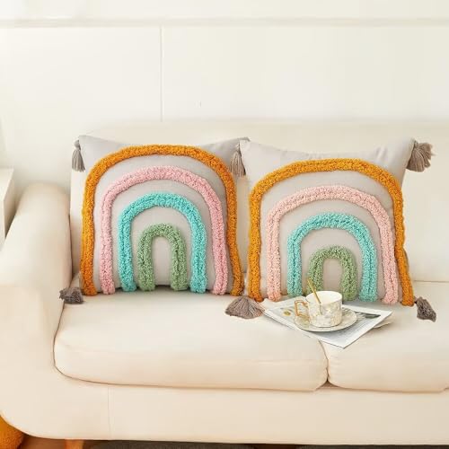 Set of 2 Boho Rainbow Decorative Textured Throw Pillow Covers 18x18 Farmhouse Colorful Tufted Pillow Covers with Tassels Woven Cushion Case for Sofa Bed Living Room Hallowmas Silver - color: Silver, size: 18" x 18" (Pack of 2)