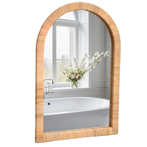 FUIN Boho Rattan Wall Mirror 20×30 Inch Arched Natural Rattan Frame – Farmhouse Bathroom Vanity Mirror – Wicker Decorative Hanging Mirror for Living Room, Bedroom, Entryway - color: Rattan Arched, size: 30"L x 20"W