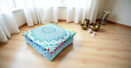 INDIAN CRAFT CASTLE Mandala Mandala Barmeri Large Floor Pillow Cover Cushion Meditation Seating Ottoman Throw Cover Hippie Decorative Zipped Bohemian Pouf Ottoman Cases (Green, 16" Square) - color: Green, size: 16"D x 16"W x 5"H