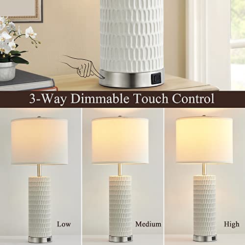Reaketon 26.5" Ceramic Table Lamp Set of 2, 3 Way Dimmable Touch Control Table Lamp with 2 USB Charging Ports for Bedroom Living Room, Modern Nightstand Lamp End Table Lamps, Bulbs Included - color: White Shade & Silver Base