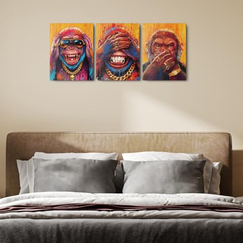 3 Pcs Funny Monkey Canvas Wall Art, Modern Monkey Wall Decor Framed Prints for Home Living Room Corridor Bathroom Cafe Apartment Decor, Housewarming Gifts 11.5x15 Inch - color: Multi 1370