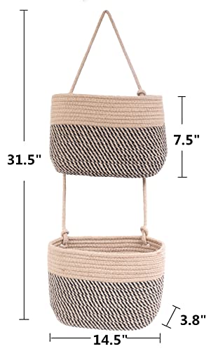 Over The Door Hanging Basket, 2 Tier Cotton Rope Woven Wall Basket, Magazine Racks Hanging Organizer, Decorative Hanging Storage Baskets for Organizing Living Room, Bathroom and Bedroom (Jute-black) - color: Jute-black