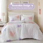 Intelligent Design Kids Rio Full/Queen Duvet Set – Girls’ Reversible Tufted Chenille Bedding with Pastel Purple Butterflies and Pink Dot, 3pcs - color: Multicolor, size: Full/ Queen