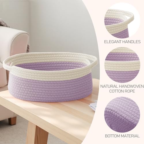 JMvicyroam Woven Basket,Small Rope Storage Bin with Handles & Ribbon Bag, Organizer for Shelves Closets,Gift Basket Empty for Birthday,Books,Dog Toys, White&Purple - color: White&Purple, size: 1 Pack
