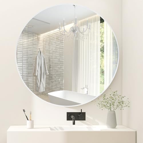 Tanmicoshomy 36 inch Round Bathroom Mirrors for Wall, White Circle Mirror | White Framed Circle Wall-Mounted Bathroom Mirror with Tempered Glass-Shatterproof for Entryway, Living Room or Bedroom - color: White, size: 36"L x 36"W