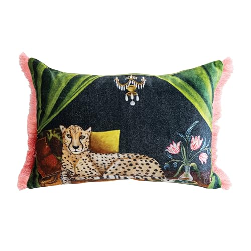 Creative Co-Op Cotton Blend Velvet Printed Lumbar Pillow with Cheetah Image and Eyelash Fringe, Multi Color - color: Navy, size: Lumbar