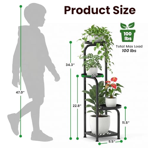 TOSKING 33.4" Tall 4-Tier Square Plant Stand, Anti-Tip Design with Bottom Grid for Heavy Pots, Child & Pet Friendly, Heavy Duty Corner Shelf for Indoor/Outdoor Use, Space Saving Metal Flower Pot Stand for Balcony Garden Living Room Patio, Black - color: B