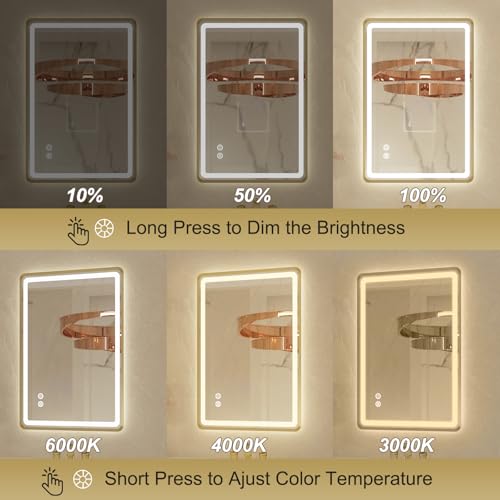 20"x 28" Gold Framed LED Mirrors for Bathroom, Wall Mounted Lighted Bathroom Vanity Mirror, Front and Backlight, Stepless Dimmable, 3 Colors, Anti-Fog, Memory, Smart Touch Button - color: Gold, size: 20"L x 28"W