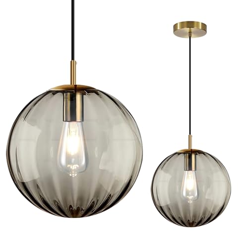 Modern Smoke Grey Glass Pendant Light, Kitchen Island Lighting Single Globe Pendant Light Fixtures Century Kitchen Island Pendant Lighting for Bedroom Living Dining Room Light Fixture （Without Bulb） - color: BW-Smoky Gray-1 Light-1PC