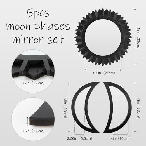 WAKOSAN Wall Mirror, Moon Phase Mirror Set, Wall Decor for Bedroom, Bohemian 5PCS Wooden and Real Glass Mirror with Crystal Clear Reflection, Boho Decor, Multi-Angle Installation (Black) - color: Black