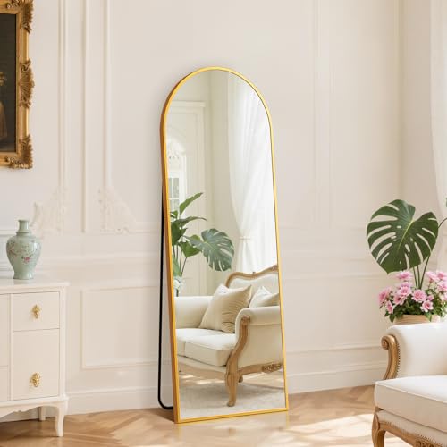 DUMOS 59"x16" Arched Full Length Mirror with Stand, Floor Standing Aluminum Frame, Shatter-Proof Nano Glass for Bedroom, Living Room, Cloakroom – Modern Simple Home DecorHanging or Leaning,Gold - color: Gold-rounded, size: 59"L x 16"W