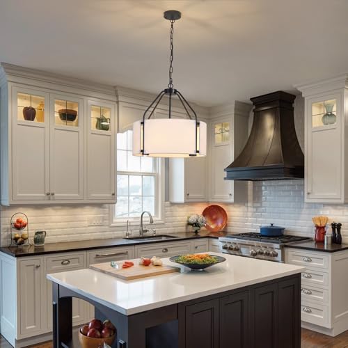 Drum Chandeliers, 18'' Drum Pendant Light Fixture with White Linen Fabric Shade, White Chandelier Adjustable Modern Farmhouse Hanging Lights for Dining Room Bedroom Kitchen Foyer Entryway - color: 18Inch White&Black