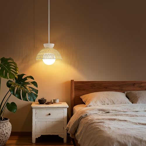 AIJIASI Rattan Pendant Light, 11.8" Hand Woven Boho Pendant Light Fixture with Milk Glass Globe, Gold Kitchen Pendant Lighting Over Island Adjustable Chandelier for Dining Room Hallway Foyer - color: White
