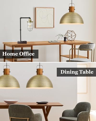 ELYONA 2 Pack Large Hammered Pendant Light Fixtures, 16 Inch Ash Wood Vintage Dome Hanging Lamp, Antique Gold Mid Century Pendant Lighting for Kitchen Island, Farmhouse, Dining Room, Brushed Brass - color: Brass - 2 Pack