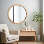 Irregular Wall Mirror,Wood Round Farmhouse Mirror Unique Vanity Mirror,18" Nature Wooden Modern Bathroom Mirror for Washroom Living Room Bedroom - size: 18"L x 18"W