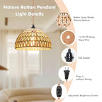 Plug in Pendant Light Rattan Hanging Lamp with 15 Ft Hemp Rope Cord, Wicker Hanging Lights with Bamboo Basket Lamp Shade,Dimmable Switch Woven Boho Plug in Ceiling Light for Living Room Bedroom