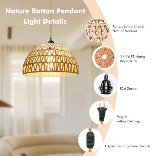 Plug in Pendant Light Rattan Hanging Lamp with 15 Ft Hemp Rope Cord, Wicker Hanging Lights with Bamboo Basket Lamp Shade,Dimmable Switch Woven Boho Plug in Ceiling Light for Living Room Bedroom