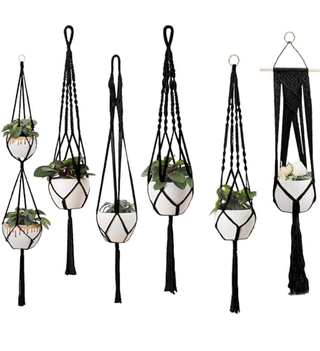 Feedee Macrame Plant Hangers - 6 Pack, Black, Indoor/Outdoor, Cotton - color: Black, size: Pack of 6