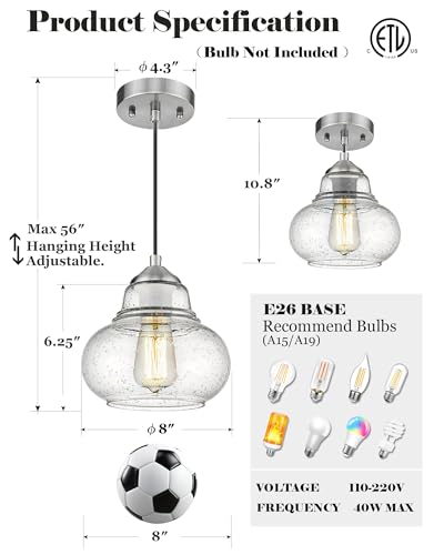 ELYONA 8 Inch Bubble Glass Pendant Light Industrial Kitchen Island Globe Hanging Pendant Light Fxiture Modern Hand Blown Seeded Glass for Farmhouse Dining Room Bar Bedroom Living Room Brushed Nickel - color: Brushed Nickel