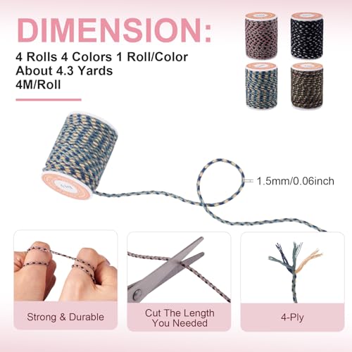 17.2 Yards 1.5mm Twine Braided Cord 4-Ply Macrame Polycotton Cord Jewelry Beading Thread for Friendship Bracelet DIY Craft String Knitting Macrame Rope Wall Hangers Decoration - color: Mixed Color 5, size: 1.5mm