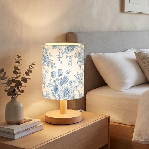 VIHOSE Blue Floral Kids Table Lamp for Bedroom Kids Bedside Lamp with Linen Wooden Nightstand Cartoon Nursery Lampshade for Girls Boys Living Room - style: Blue Floral