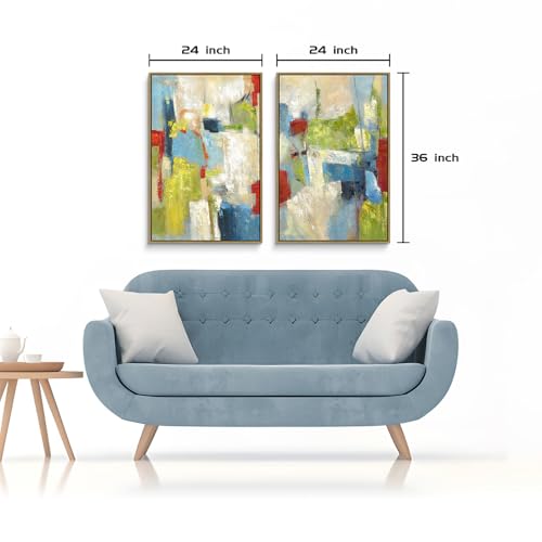 Framed Abstract Colorful Wall Art: 2 Pieces Artistic Heavy Textured Artwork Green Red Aesthetic Painting for Living Room - color: colorful, size: 36”x24”x2