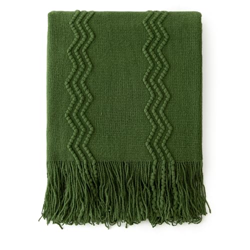 MIULEE Olive Green Knitted Throw Blanket for Couch Boho Textured Cozy Woven Blanket with Tassels for Sofa Chair Bed Living Room Spring Acrylic Wave Pattern 50"x60" - color: Olive Green, size: 50" x 60"