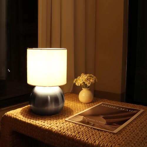 Modern Silvery Small Table Lamp with Cotton Linen Shade, 6.2×6.2×10.4 inch LED Desk Light, One-Button Switch for Bedroom, Living Room, Nightstand, Includes Warm Light Bulb - color: Silvery, size: Pack of 1