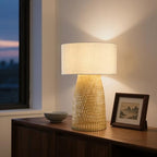 Boho Bamboo Table Lamp, Handwoven Bedside Lamp with Linen Shade, Small Natural Weave Nightstand Light for Living Room, Tea Room, Desk,Beige - color: Beige