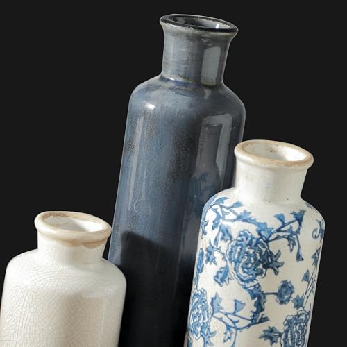 ooit Ceramic Vintage Vases Set of 3, Blue and White Flower Decorative Vase Chinoiserie Decor Rustic Farmhouse Retro Floral Vases for Table Bookshelf Mantel Kitchen Living Room Office - color: 007 Vintage - Blue