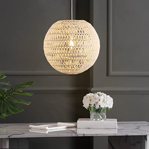 JONATHAN Y 15.75" Cream/White 1-Light Modern Bohemian Woven LED Pendant Light, Adjustable Hanging Ceiling Lamp for Kitchen Island Dining Room, Paper Wicker Shade, Bulb Included (JYL6503B) - color: Cream